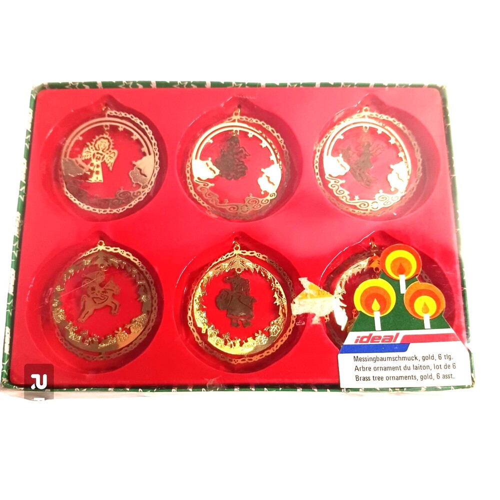 Six vintage Brass 3-D Christmas Ornaments by Ideal NOS never opened Angels Santa